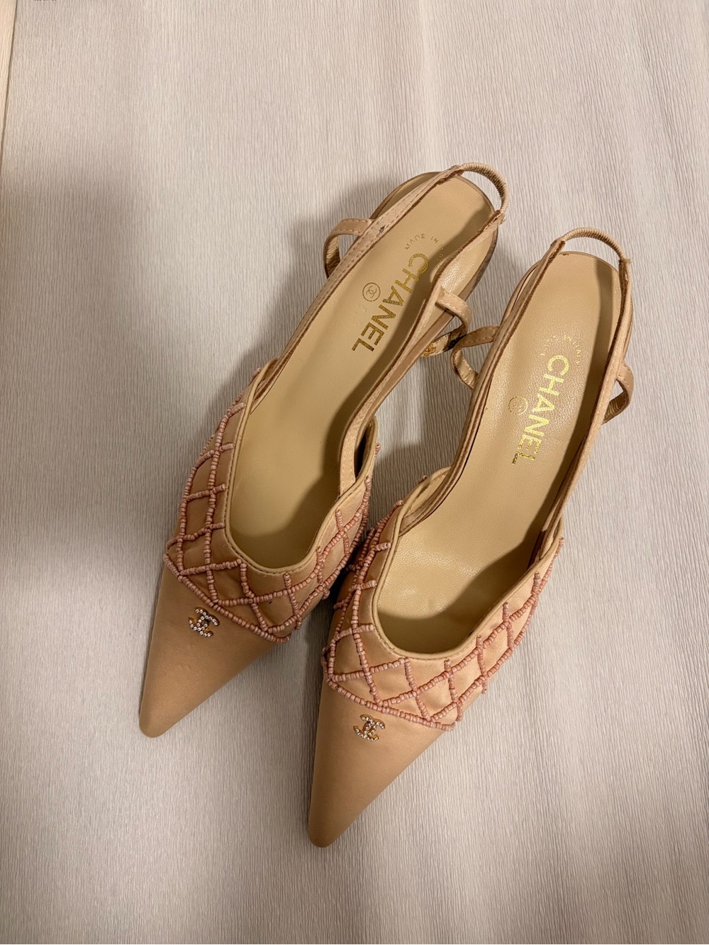 CHANEL Nude Pink Quilted Slingback Satin Pointed-Toe Heels EU-37C, US-6.5-7